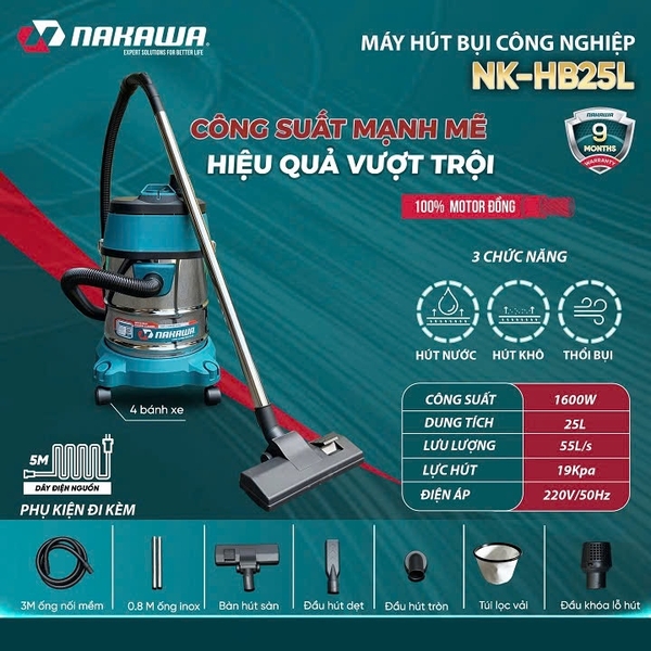 Máy Hút Bụi Nakawa 1600W 25L NK-HB25L Khô Ướt, Thổi Bụi