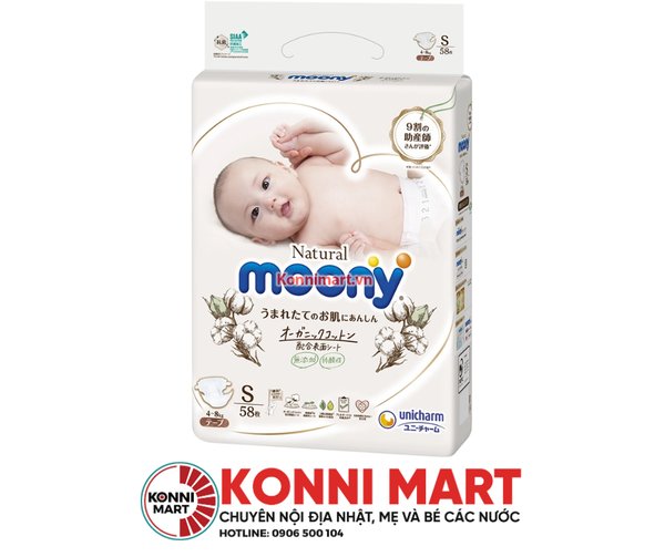 Tã dán Moony Natural size S 58 miếng (4 - 8kg)