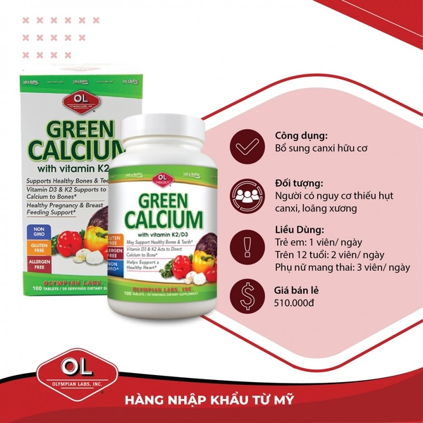 Olympian Labs Green Calcium - Bổ Sung Canxi Hữu Cơ Cho Bà Bầu và cho con bú 710013911476