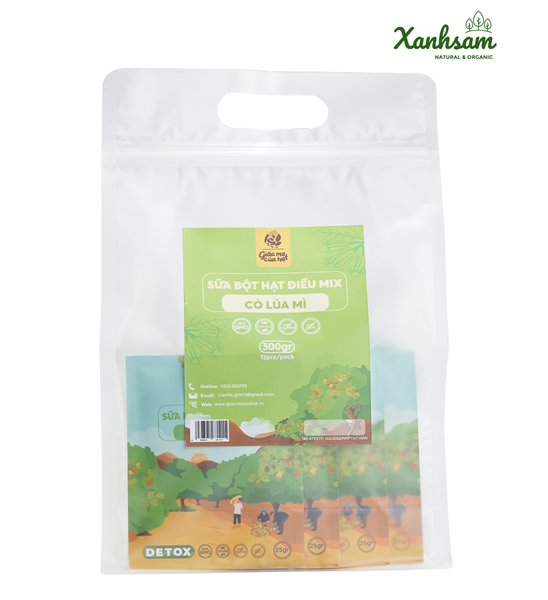 Bột sữa hạt điều cỏ lúa mì 300gr TÚI 12x25gr - Giấc mơ của hạt -