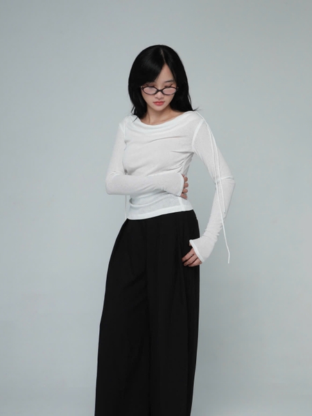 Seleen, Áo thun mỏng tay dài cổ đổ eo nhún vai buộc nơ, WT0073