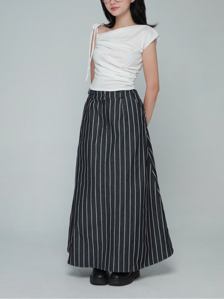 Seleen, Chân váy jeans denim nữ dáng xòe dài cạp lưng cao họa tiết kẻ sọc, WB0075