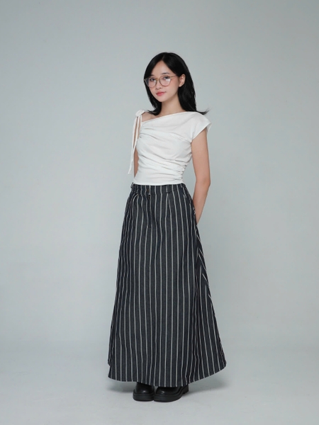 Seleen, Chân váy jeans denim nữ dáng xòe dài cạp lưng cao họa tiết kẻ sọc, WB0075