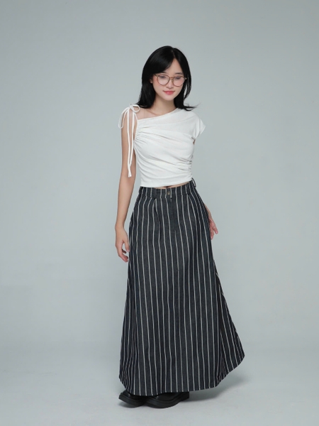 Seleen, Chân váy jeans denim nữ dáng xòe dài cạp lưng cao họa tiết kẻ sọc, WB0075