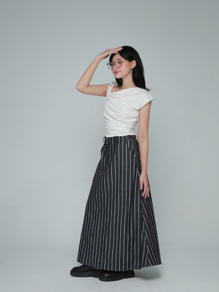 Seleen, Chân váy jeans denim nữ dáng xòe dài cạp lưng cao họa tiết kẻ sọc, WB0075