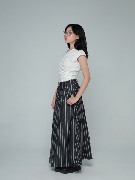 Seleen, Chân váy jeans denim nữ dáng xòe dài cạp lưng cao họa tiết kẻ sọc, WB0075