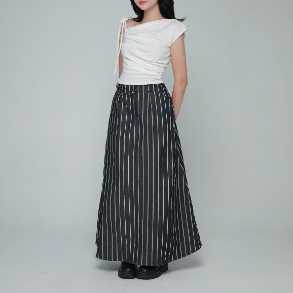 Seleen, Chân váy jeans denim nữ dáng xòe dài cạp lưng cao họa tiết kẻ sọc, WB0075