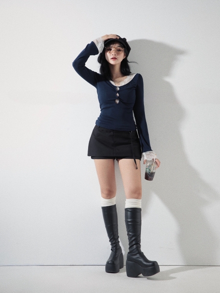 Seleen, Áo tay dài cổ V phối ren, WT0133