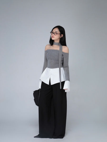 Seleen, Áo thun trễ vai tay dài dáng ôm phối đuôi áo trắng ( có kèm dây cổ ), WT0099