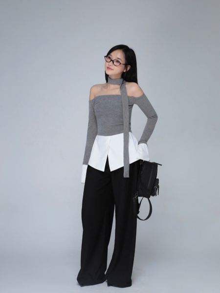 Seleen, Áo thun trễ vai tay dài dáng ôm phối đuôi áo trắng ( có kèm dây cổ ), WT0099