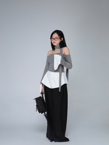 Seleen, Áo thun trễ vai tay dài dáng ôm phối đuôi áo trắng ( có kèm dây cổ ), WT0099