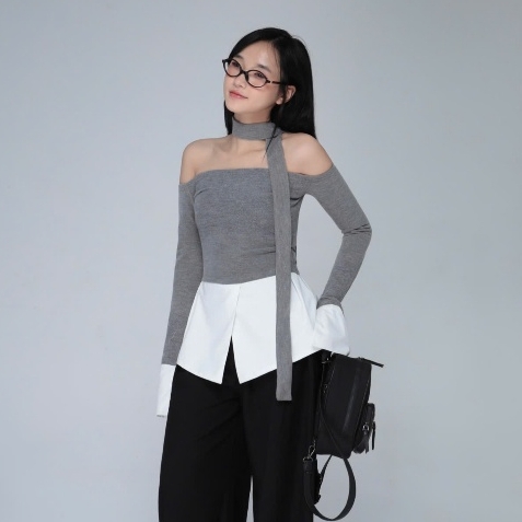 Seleen, Áo thun trễ vai tay dài dáng ôm phối đuôi áo trắng ( có kèm dây cổ ), WT0099