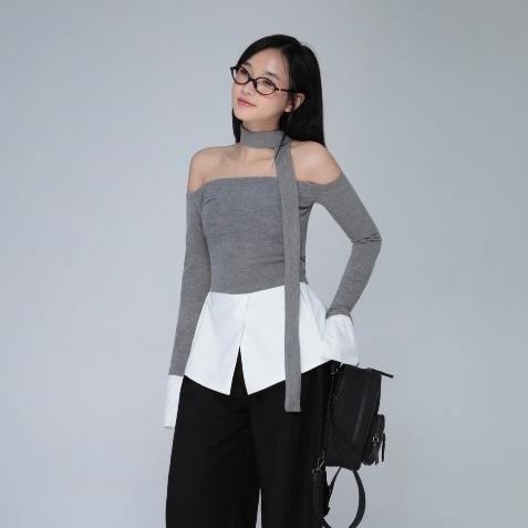 Seleen, Áo thun trễ vai tay dài dáng ôm phối đuôi áo trắng ( có kèm dây cổ ), WT0099
