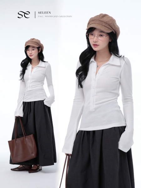 Seleen, Áo len dệt kim mỏng tay dài cổ sơ mi cài nút, WT0188