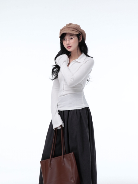 Seleen, Áo len dệt kim mỏng tay dài cổ sơ mi cài nút, WT0188