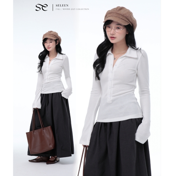 Seleen, Áo len dệt kim mỏng tay dài cổ sơ mi cài nút, WT0188