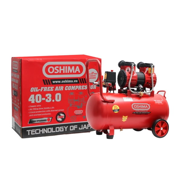 Máy nén khí Oshima 40-3.0 3.0HP Đỏ Điện 1 pha (Không dầu,nhanh,dây đồng)
