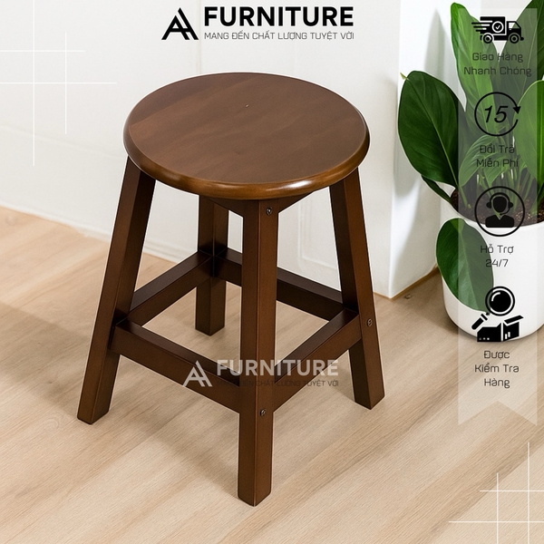 Ghế Gỗ Cao Su Tròn Cao 45cm – Lắp Ráp Tiện Lợi, Nhẹ Gọn, Đa Năng | Nội Thất Anh Hoàng