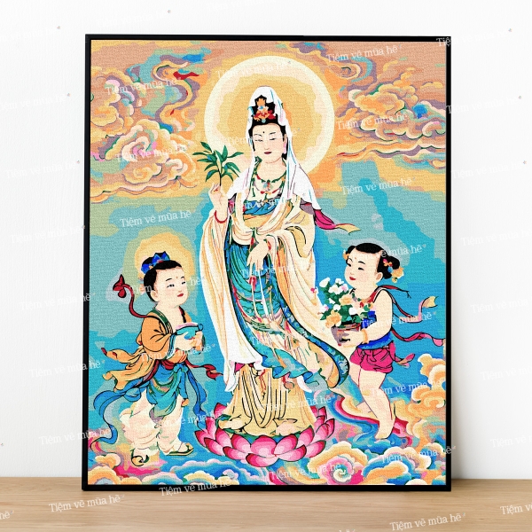 Tranh số hóa Quán Âm và Tiên Đồng Ngọc Nữ đã căng khung 40x50cm