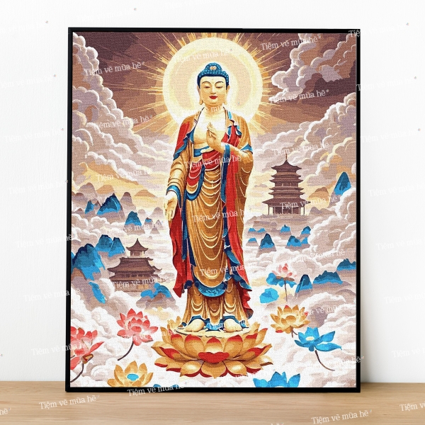 Tranh số hóa Phật A Di Đà mây ngàn đã căng khung 40x50cm