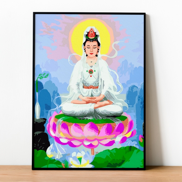 Tranh số hóa Quan âm ngự đài sen đã căng khung 40x50cm