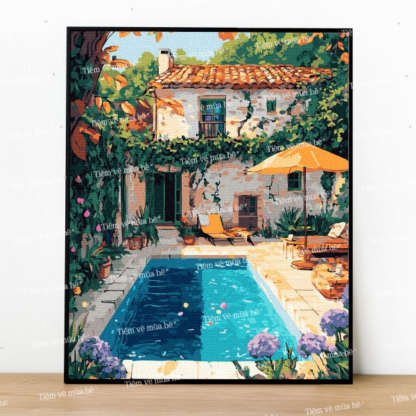 Tranh số hóa Bể bơi mùa hè đã căng khung 40x50cm