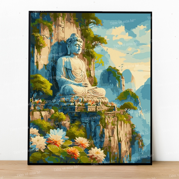 Tranh số hóa Phật tựa sơn hoa đã căng khung 40x50cm