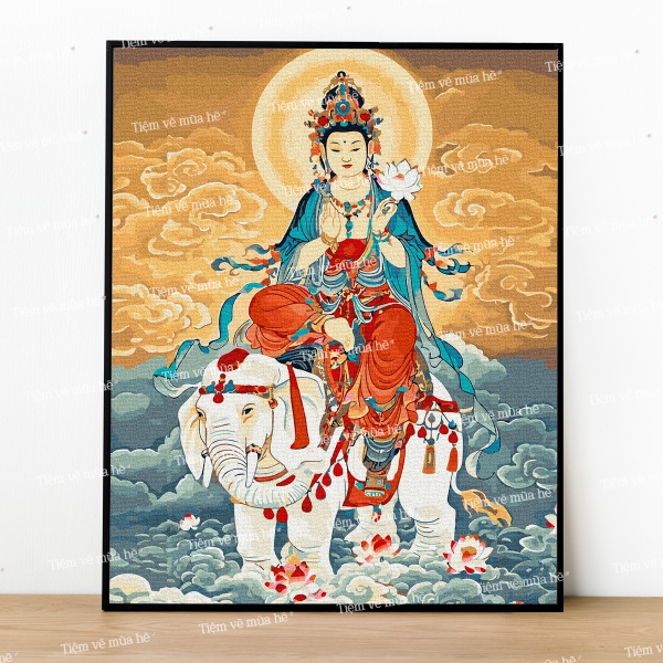Tranh số hóa Phổ Hiền bồ tát cưỡi voi đã căng khung 40x50cm