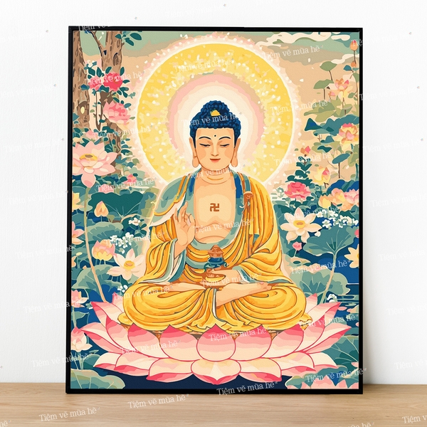Tranh số hóa Đức Phật Vô Lượng Thọ A Di Đà đã căng khung 40x50cm