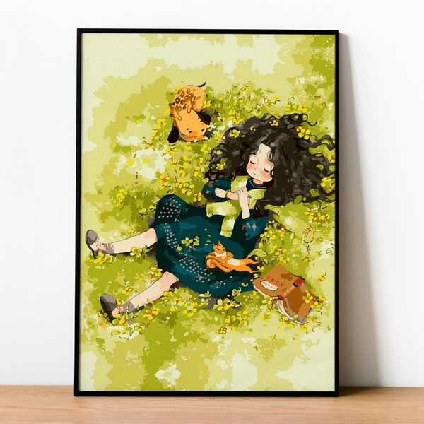 Tranh số hóa - Cô gái cánh đồng hoa đã căng khung 40x50cm 22 màu