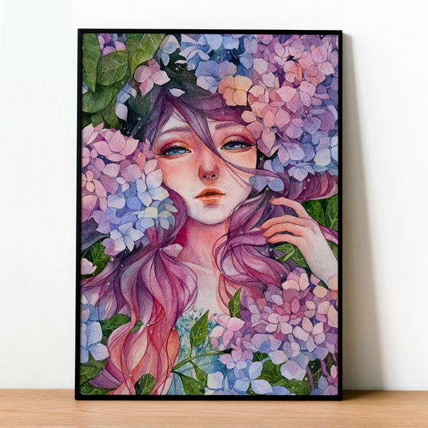 Tranh số hóa - Cô gái hoa cẩm tú cầu đã căng khung 40x50cm 28 màu