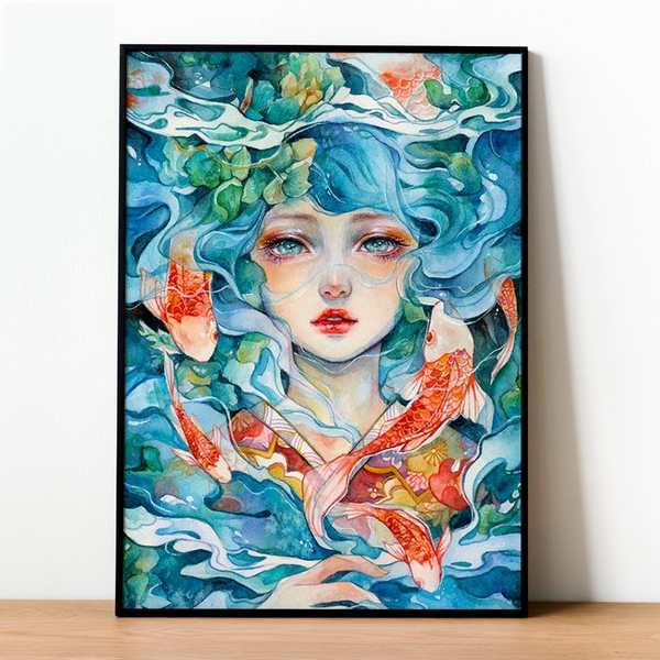 Tranh số hóa - Cô gái cá chép đã căng khung 40x50cm 28 màu