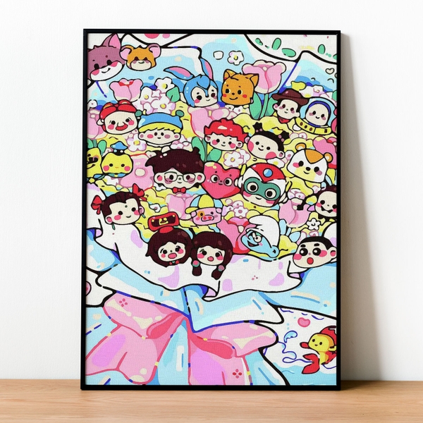 Tranh số hóa Bó hoa Sticker xanh đã căng khung 40x50cm