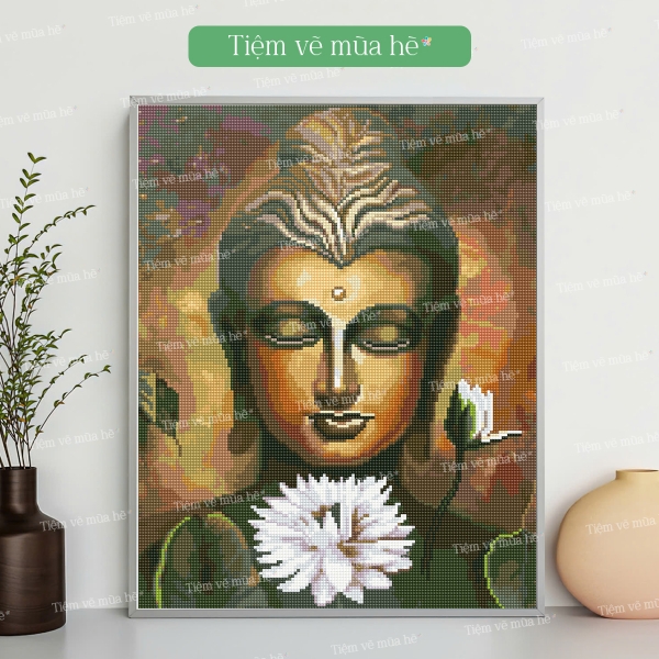 Tranh đính đá Phật sen trắng đã căng khung 40x50cm có backboard