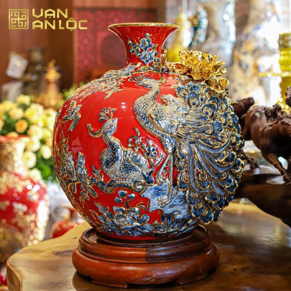 Bình Hút Lộc Công Danh Phú Quý Men Đỏ Hoạ Tiết Xanh Vẽ Vàng