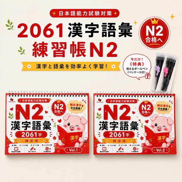 Combo Vở Luyện Viết 2061 chữ Kanji Từ Vựng N2 Tập 1+2(Tặng kèm bút)