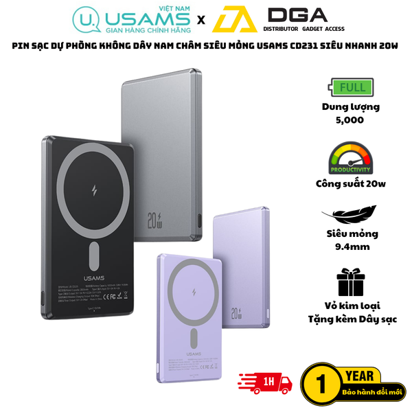 Pin Dự Phòng Không Dây Nam Châm siêu mỏng sạc nhanh 20w USAMS CD220 PB73 5000mAh