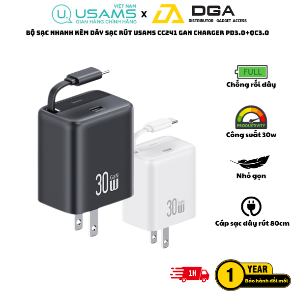 Củ sạc tích hợp cáp sạc dây rút USAMS CC243 30W GaN Charger With Type-C Retractable Cable - YC Series (US)Type-C Port + 80CM Type-C Retractable cable
