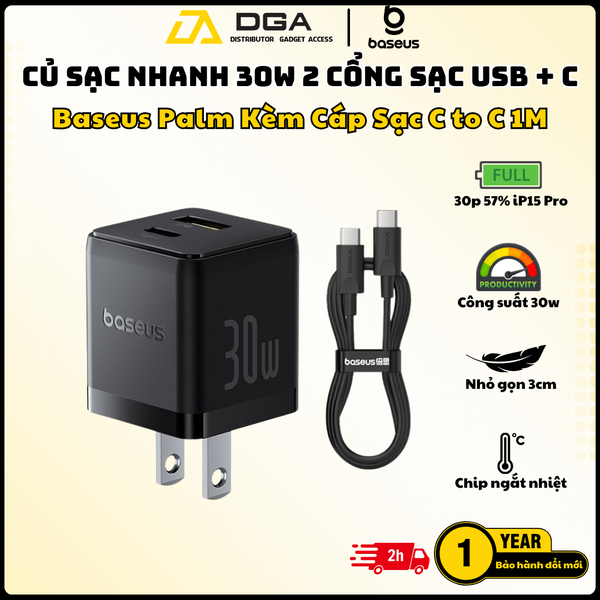 Củ sạc nhanh Baseus Palm 2 cổng Type C 30W kèm dây sạc Mini White USB C to C 60W 1M
