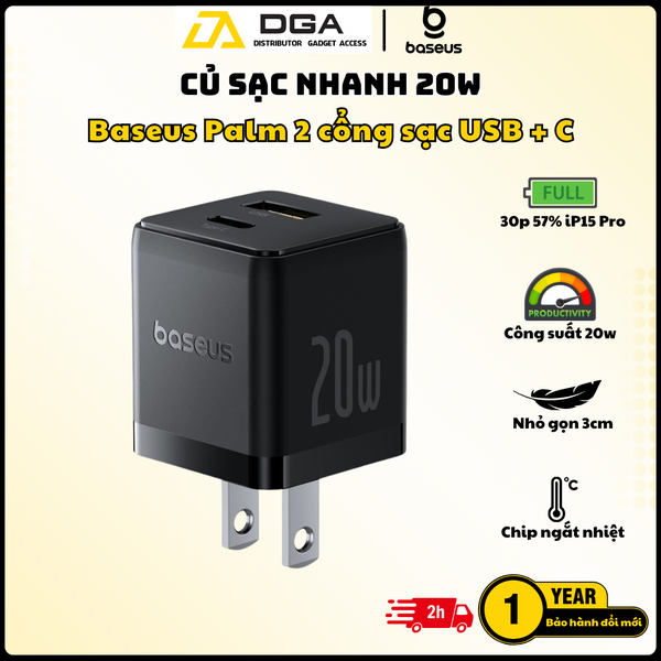 Củ Sạc Nhanh Baseus Palm C+U 20W (For iPhone/iPad/Samsung/Google Pixel)
