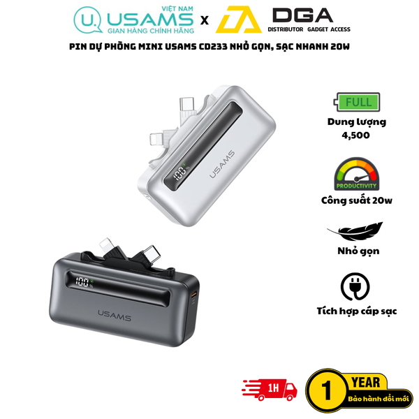 Pin Dự Phòng Mini USAMS CD233 nhỏ gọn, sạc nhanh 20W, tích hợp cáp sạc Type-C+Lightning có màn hình hiển thị pin dùng cho điện thoại iPhone, Samsung, Xiaomi