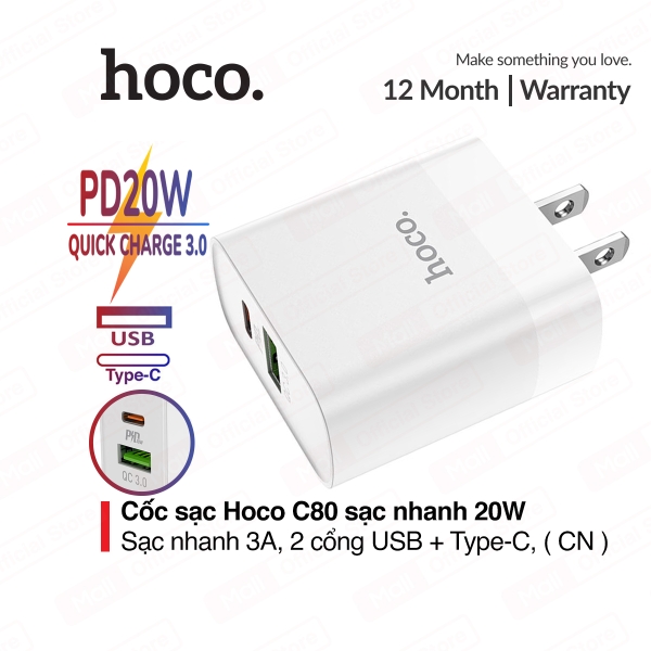 Sạc nhanh 18W HOCO C80 PD+ QC3.0 2 đầu chia USB và Type C