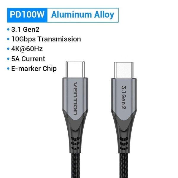 Cáp Type C (Thunderbolt) Kiêm Sạc Nhanh Vention Chuẩn USB C3.1 TAH (5A/100W, 10Gbps, 4K@60Hz, Cotton Braided, 1M)