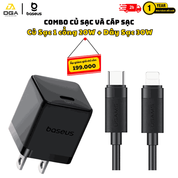 Combo Củ sạc 20W Baseus Palm 1C + Cáp SJ781 C to iPhone