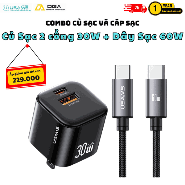 Combo Củ Sạc 30W USAMS CC270 và Cáp Sạc USAMS SJ769 U91 60W