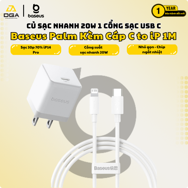 Bộ Sạc Nhanh Kèm Cáp Baseus Palm 1C 20W (For iPhone/iPad/Samsung/Google Pixel)