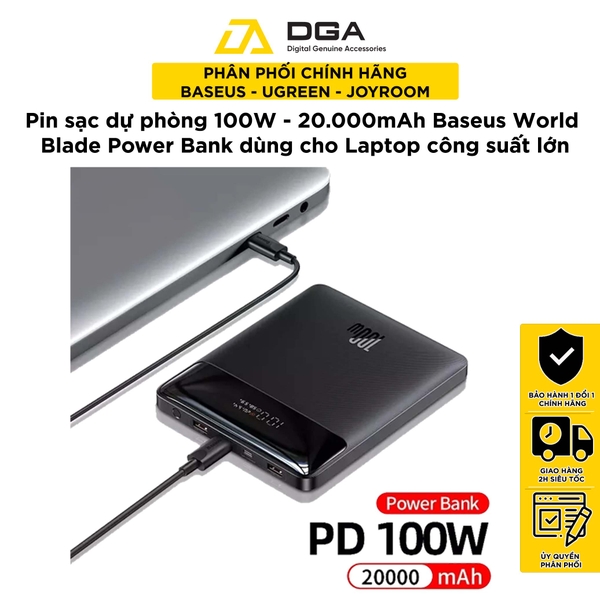 Pin Sạc Dự Phòng Laptop Baseus Blade High Power Digital Display Quick Charge Power Bank 20000mAh 100W (Sạc siêu nhanh, 4 cổng sạc Cx2 + USBx2, kèm cáp C to C, New Upgrade Version)