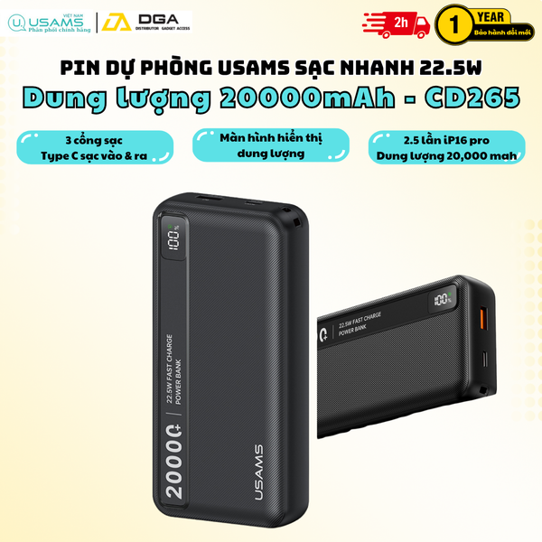 Pin Dự Phòng USAMS CD265 20000mAh 22.5W (1*Type-C + 1*USB-A port, Digital Display)