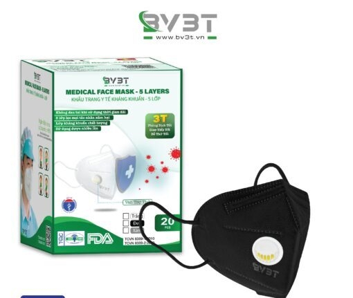  KHẨU TRANG Y TẾ KHÁNG KHUẨN BV3T CÓ VAN Thương hiệu: BV3T  Xuất xứ: VIỆT NAM  Thành phần: gồm 5 lớp  Lớp vải không dệt 
