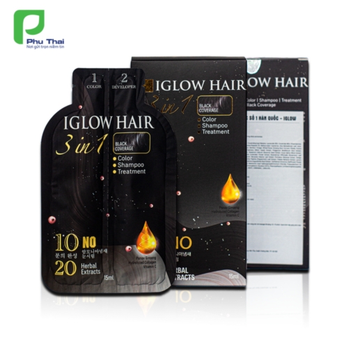  DẦU GỘI PHỦ BẠC HÀN QUỐC IGLOW HAIR  Thương hiệu: Iglow Hair  1. Xuất xứ: Hàn Quốc  2. Đóng gói: 1 hộp có 5 gói 